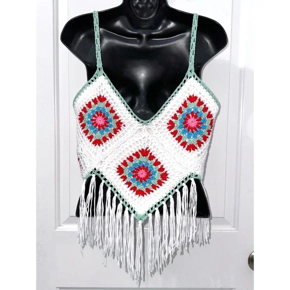 Pink Lily IVORY & MULTI FRINGE HEM CROCHET TANK - Picture 5 of 6